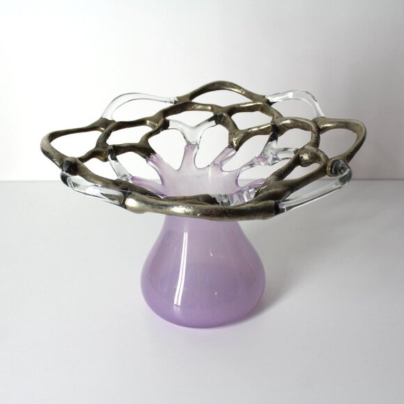 Vintage Other - M Duca Hand Blown Mid-Century Glass Lattice Web Vase Gold Lavender Signed